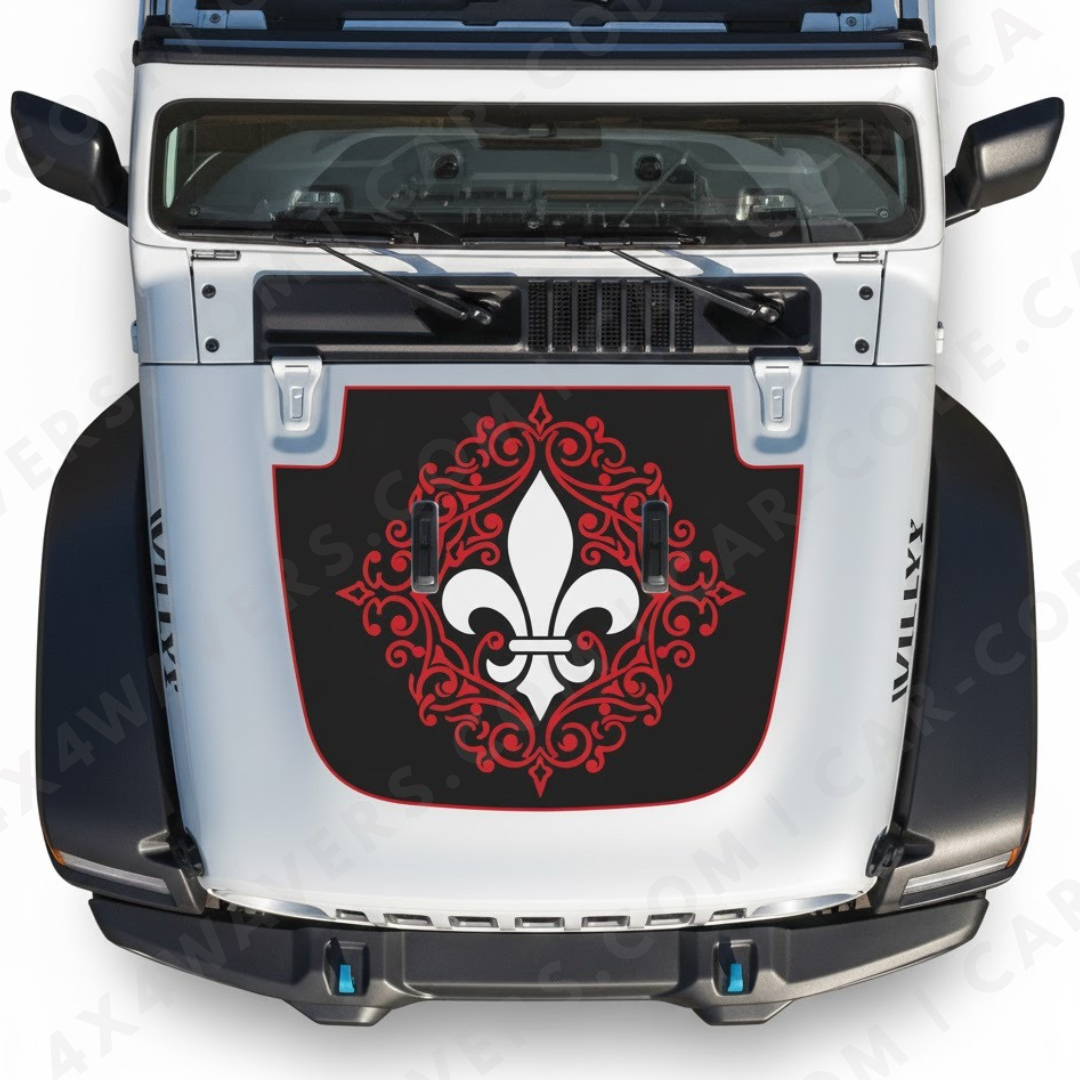 Québec Fleur Hood Panel – Wrangler JL/JLU/JT (2018–2025) & JK/JKU (2007–2018) – Fleur-de-lis blanche avec volutes ornementales rouges – Vinyle imprimé et laminé mat 3M