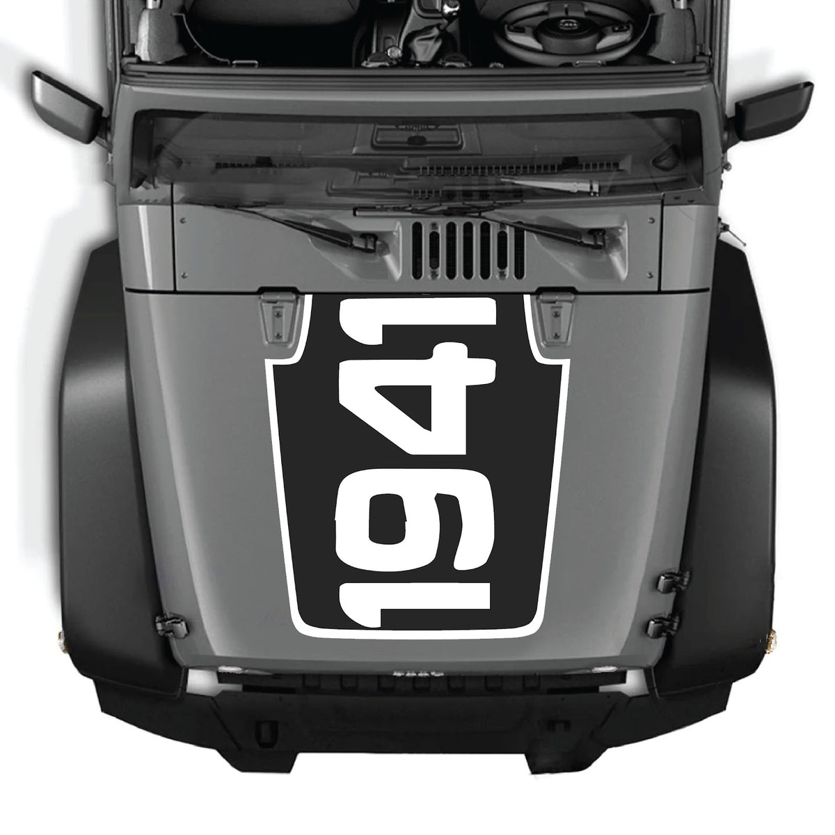 CarCode hood decal for Jeep Wrangler JK/JKU 2007-2018, style #49, black and white graphic design on hood surface.