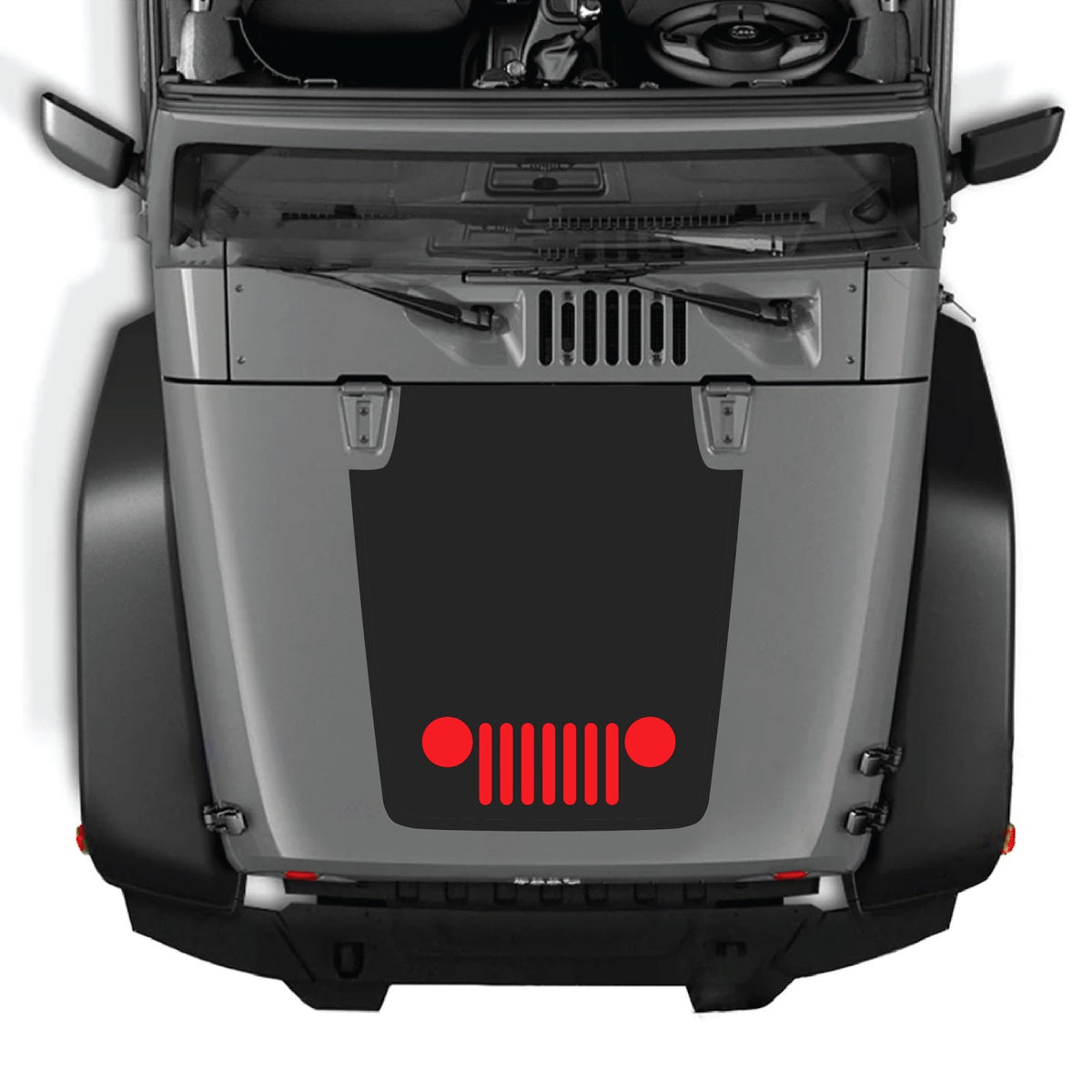 CarCode Jeep Wrangler JK/JKU hood decal style 28, black graphic sticker for 2007-2018 Jeep models, shown on vehicle hood