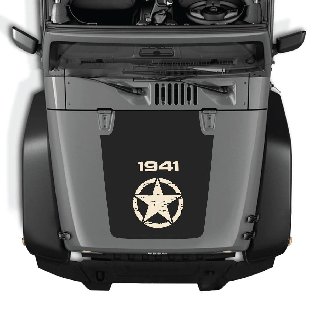 CarCode Jeep Wrangler JK/JKU hood decal in style #14, black graphic design on the vehicle's hood for a customized look.