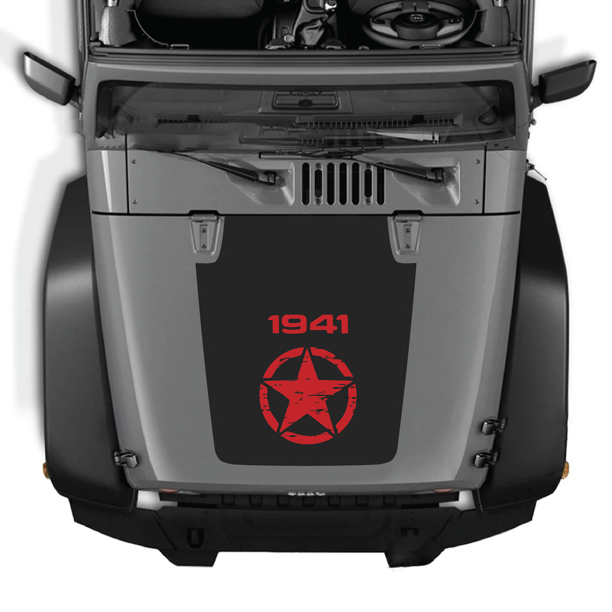 CarCode Jeep Wrangler JK/JKU hood decal, style #14, black graphic sticker for 2007-2018 models, shown on vehicle hood.