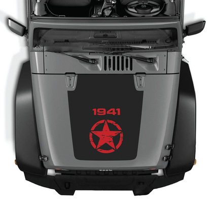 CarCode Jeep Wrangler JK/JKU hood decal, style #14, black graphic sticker for 2007-2018 models, shown on vehicle hood.