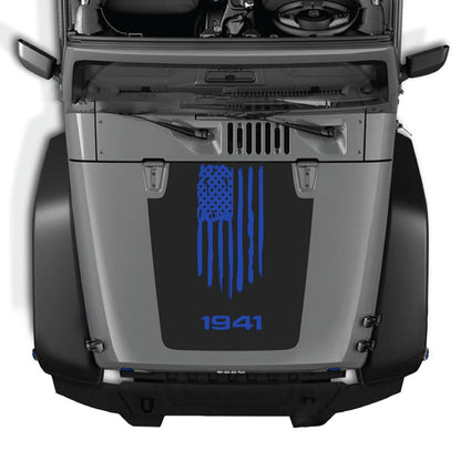 CarCode hood decal for Jeep Wrangler JK/JKU 2007-2018, style #04, black and white graphic design on vehicle's hood.