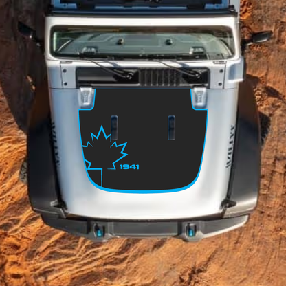 CarCode hood decal for Jeep Wrangler JL, JLU, Gladiator JT, 2018+ style, black graphic design on standard hood.