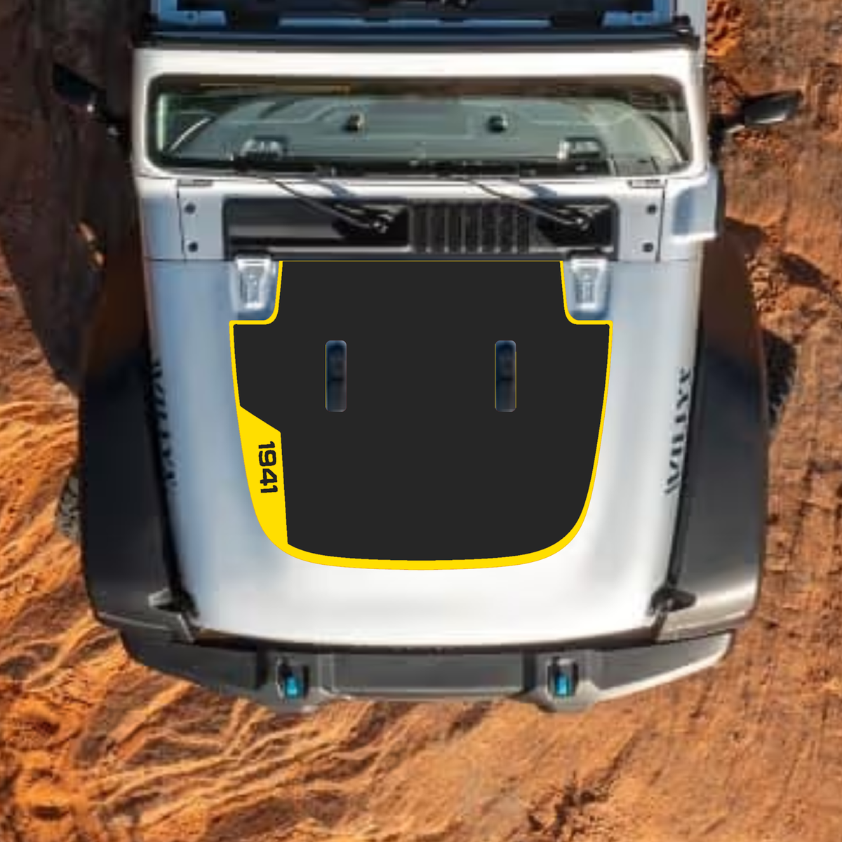 CarCode hood decal for Jeep Wrangler JL and Gladiator JT, stylish #44 design on standard hood, 2018+ model.