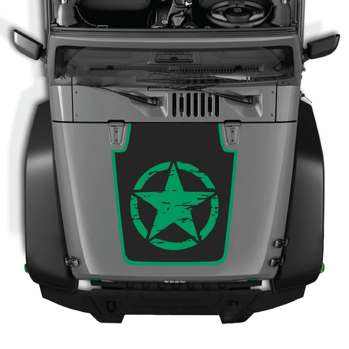 CarCode hood decal for Jeep Wrangler JK/JKU 2007-2018, style #29, black and grey graphic design on vehicle's hood.