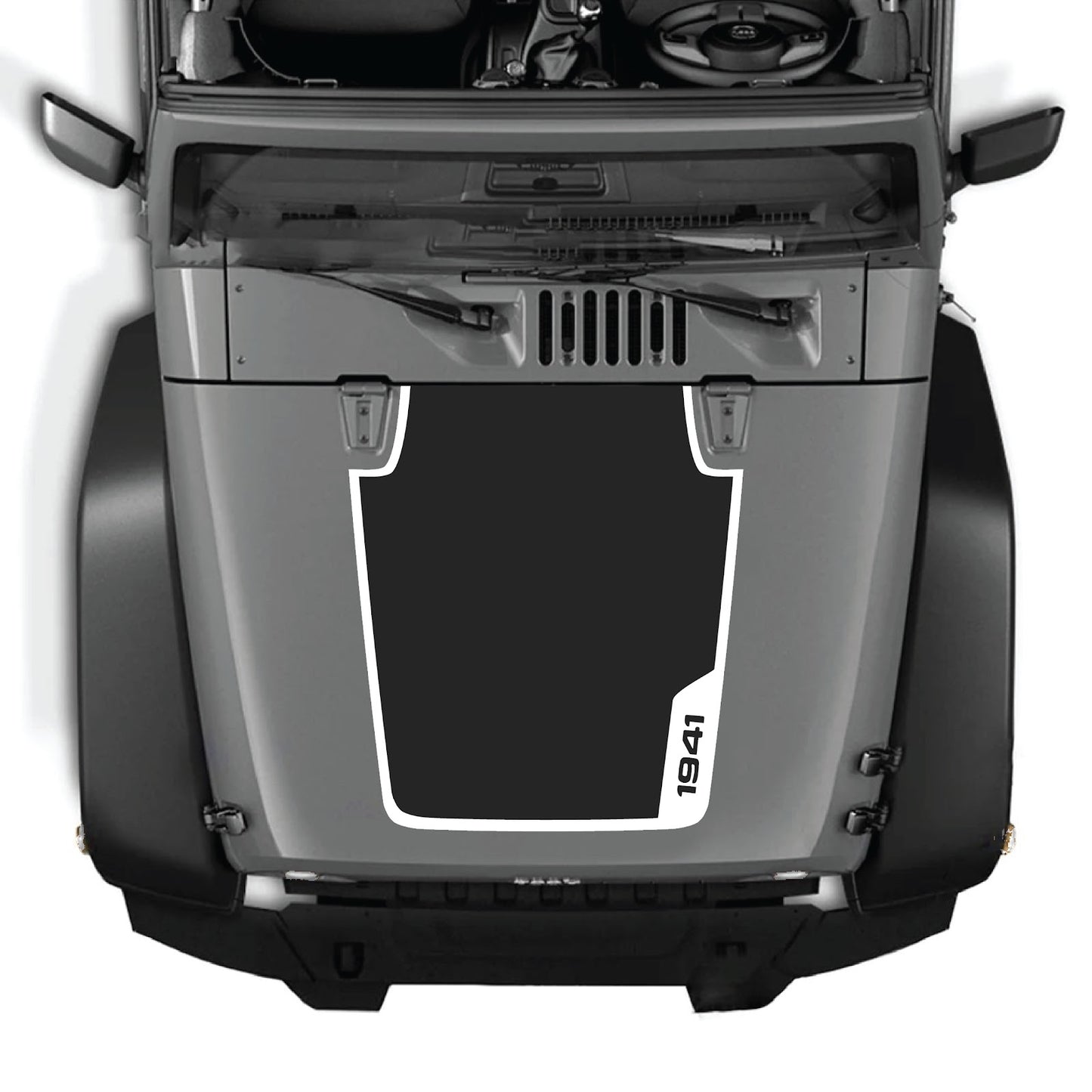 Jeep Wrangler JK/JKU hood decal by CarCode, style #36, black and white graphic design on vehicle hood.