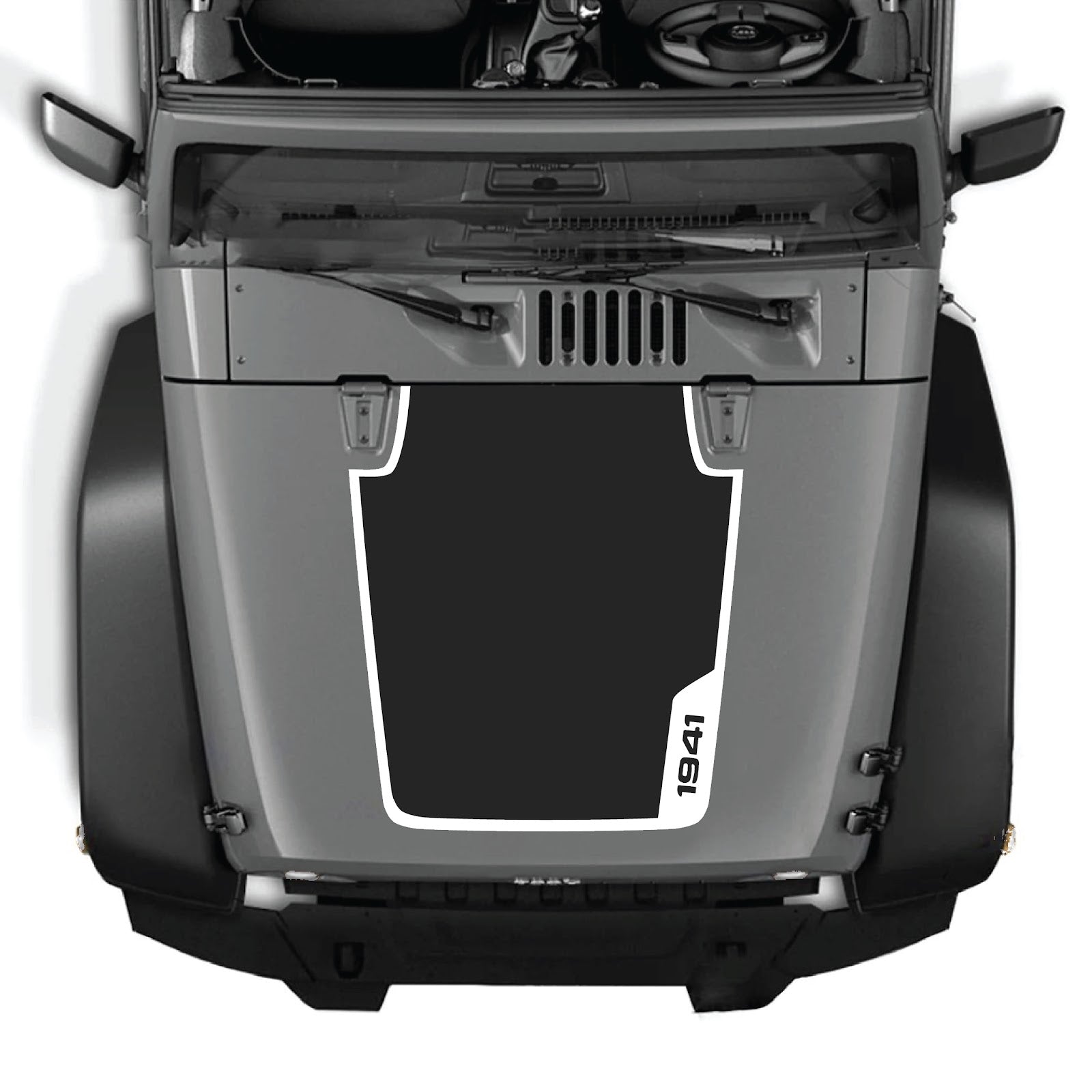 Jeep Wrangler JK/JKU hood decal by CarCode, style #36, black and white graphic design on vehicle hood.