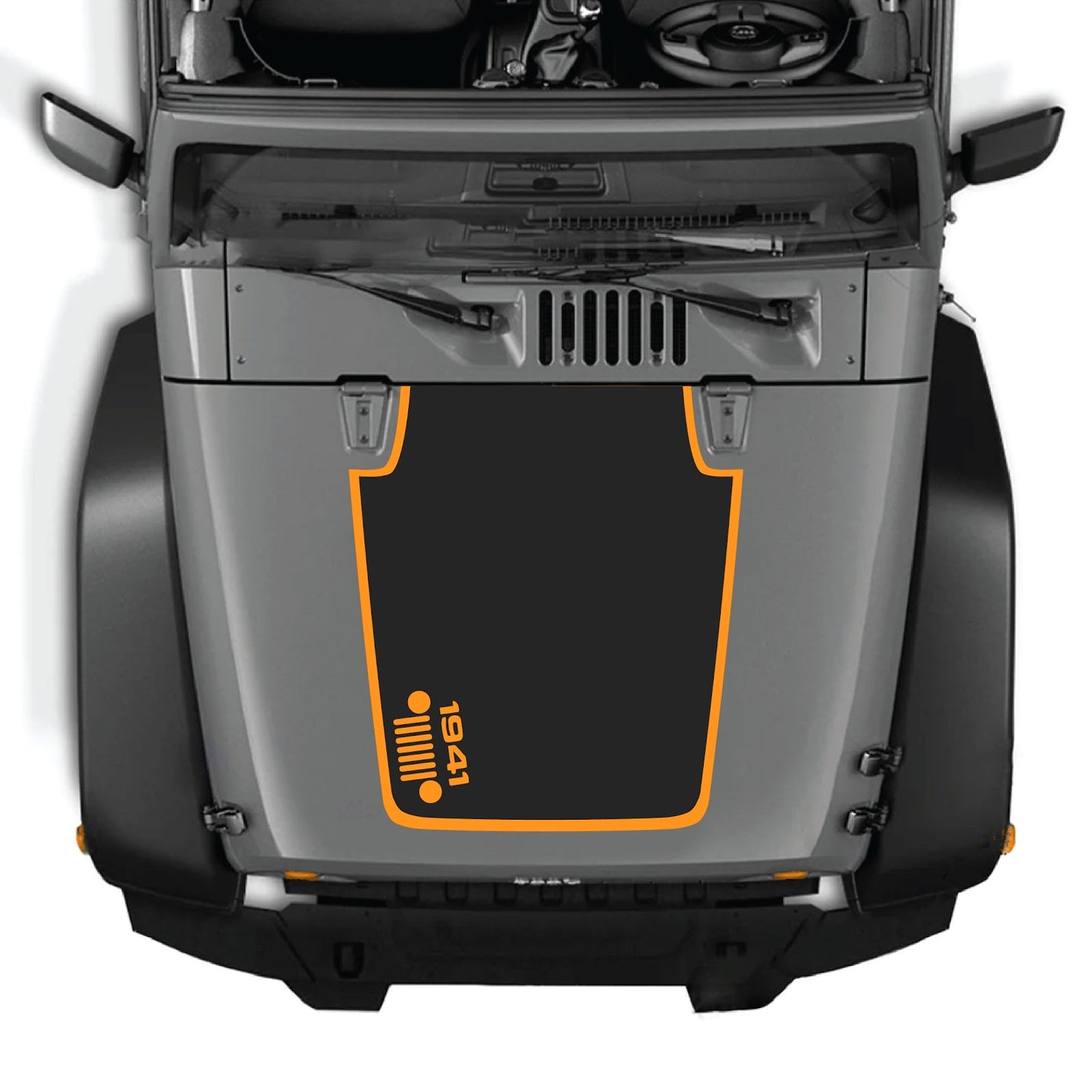 CarCode Jeep Wrangler JK/JKU hood decal, Style #58, black graphic design on hood of 2007-2018 Jeep Wrangler models.