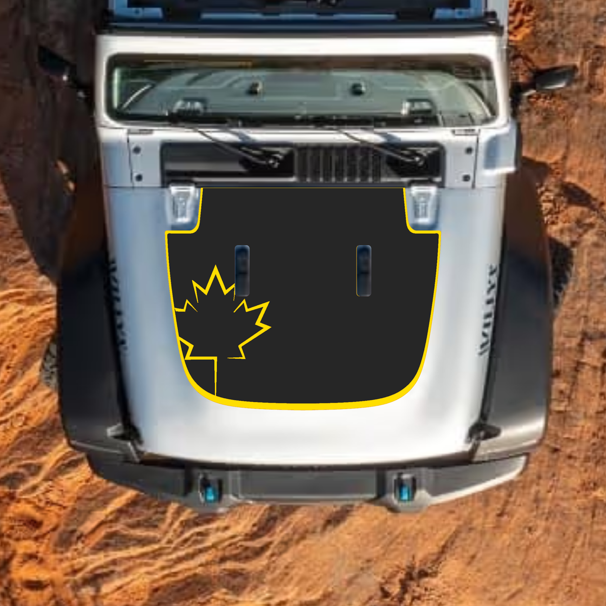 CarCode hood decal for Jeep Wrangler JL, JLU, Gladiator JT, 2018+ style, black and gray graphic design on standard hood