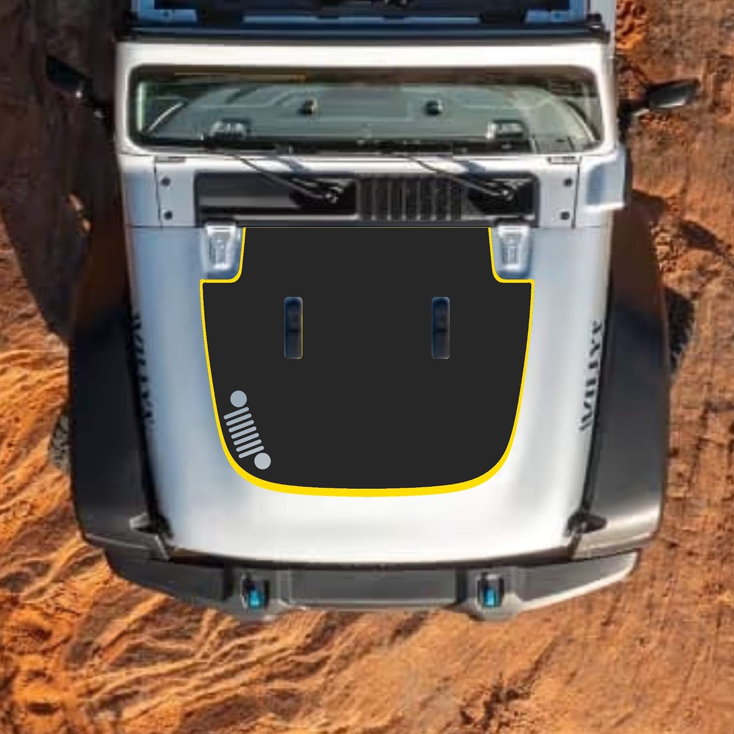CarCode hood decal for Jeep Wrangler JL, JLU, Gladiator JT, standard hood style, 2018+ vehicle, in Style #90 design.