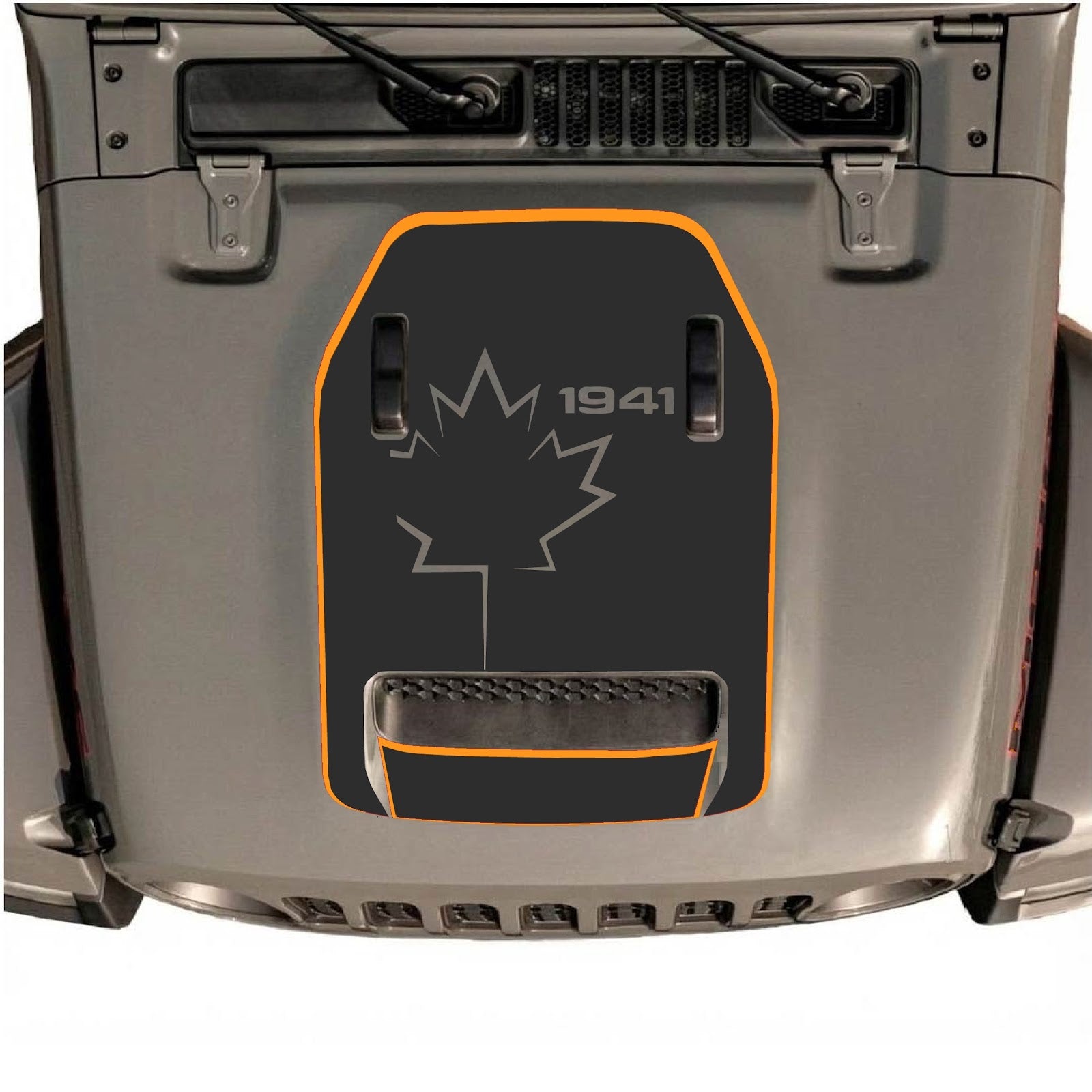 CarCode Jeep Wrangler JL/JLU Rubicon 392 and Gladiator Mojave hood decal, style #79, black and gray design on vehicle hood.