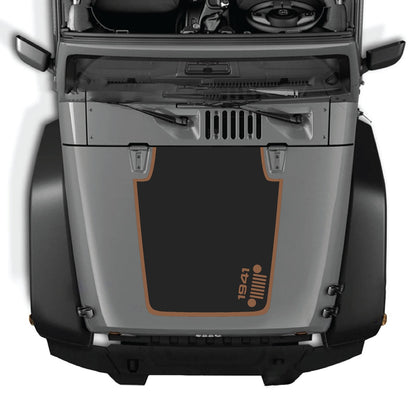Jeep Wrangler JK/JKU hood decal by CarCode, style #59, black and gray design on silver hood for 2007-2018 Jeep models.