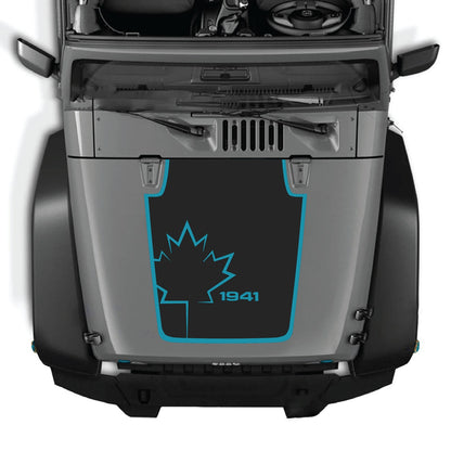 CarCode hood decal for Jeep Wrangler JK/JKU 2007-2018, style #18, shown in black and white vinyl on vehicle hood.
