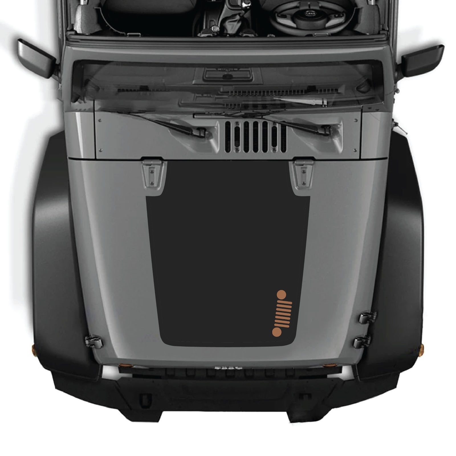 CarCode hood decal for Jeep Wrangler JK/JKU 2007-2018, style #39, black and silver graphic design on vehicle's hood.