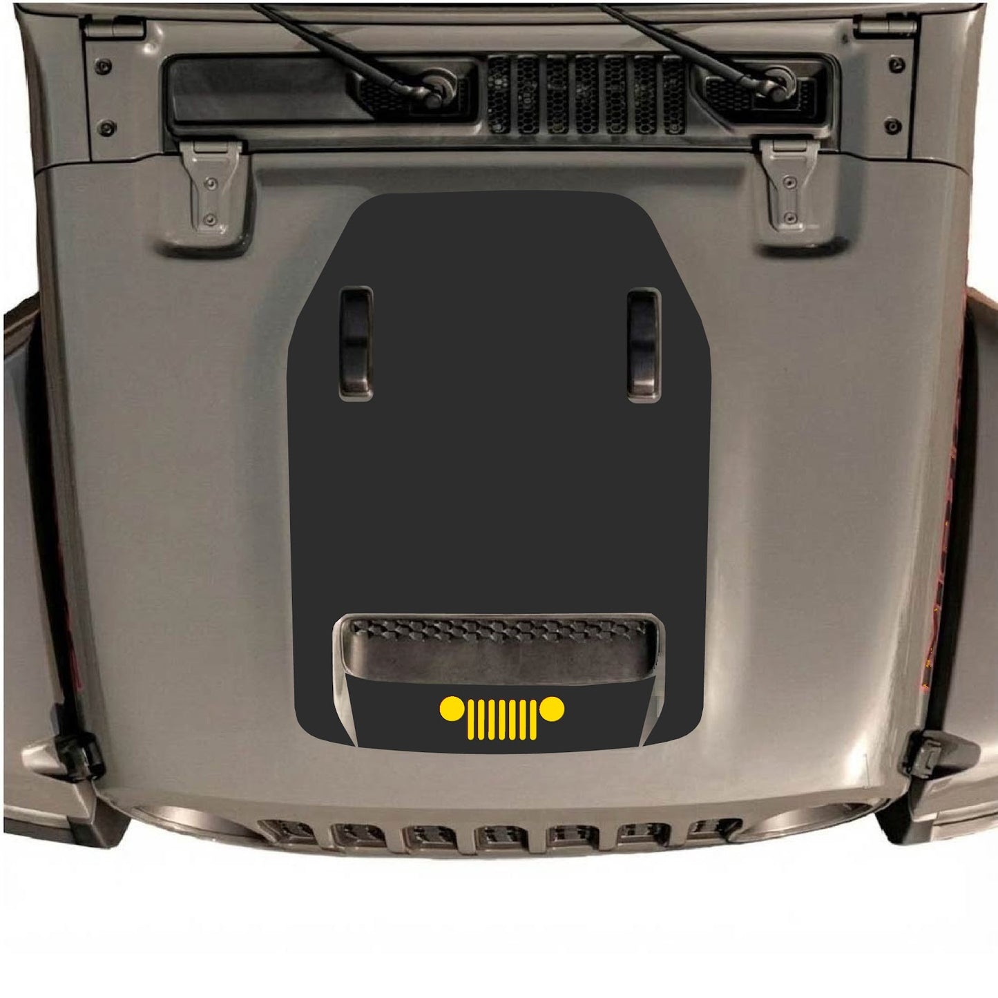 Jeep Wrangler JL Rubicon hood decal by CarCode, style #62, with bold black graphic on the vehicle's hood in a close-up shot.