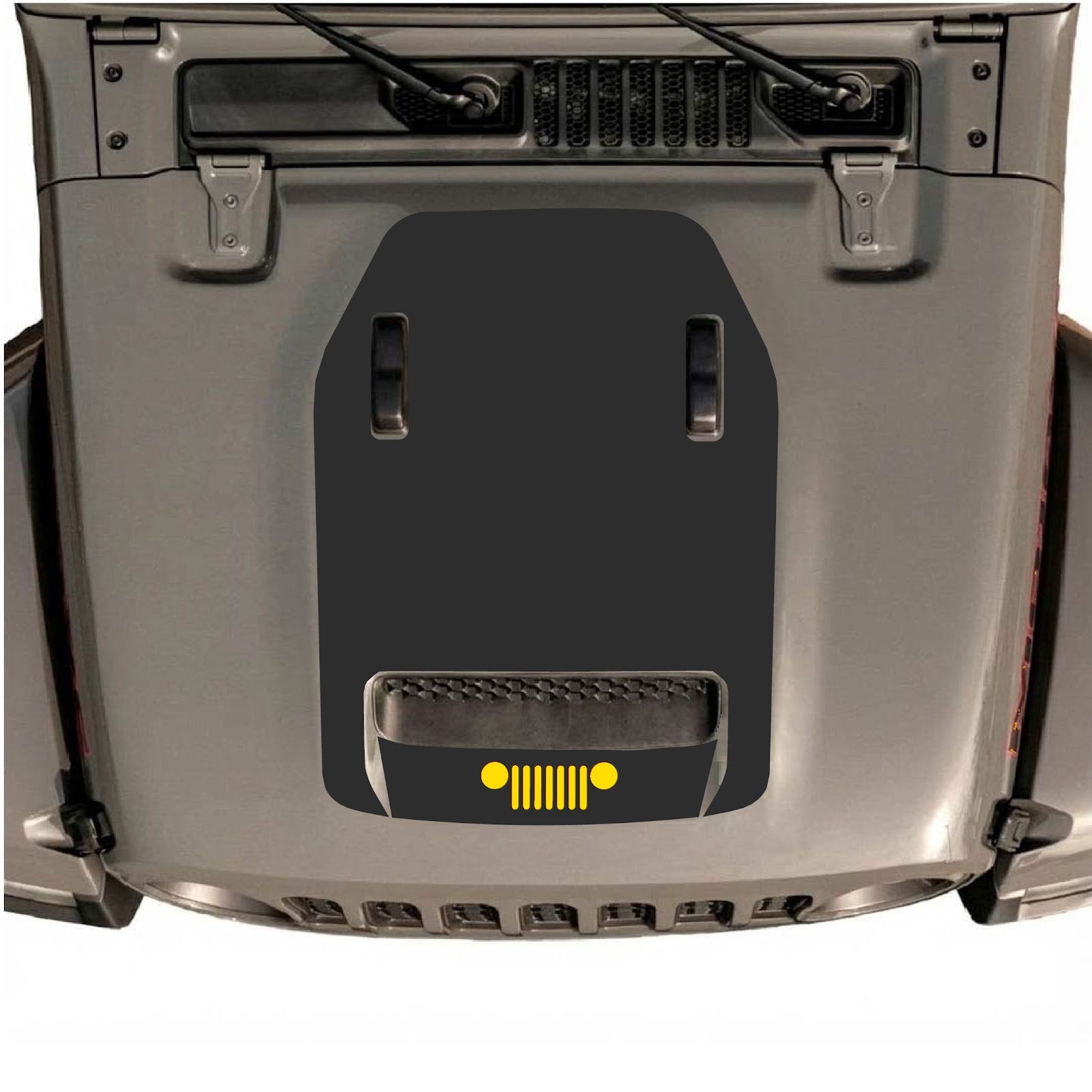 Jeep Wrangler JL Rubicon hood decal by CarCode, style #62, with bold black graphic on the vehicle's hood in a close-up shot.
