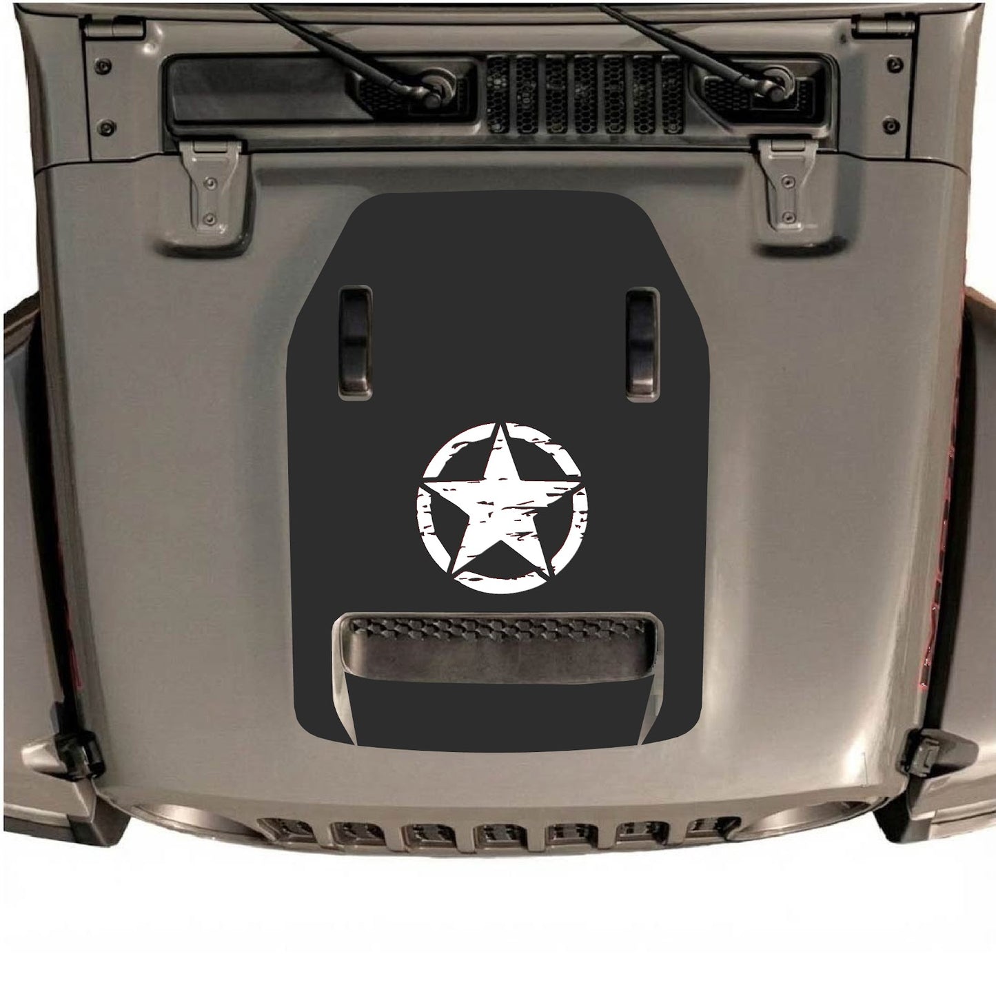 CarCode Jeep Wrangler JL/JLU Rubicon 392 and JT Gladiator Mojave hood decal, style #46, shown on vehicle hood in black with red accents.