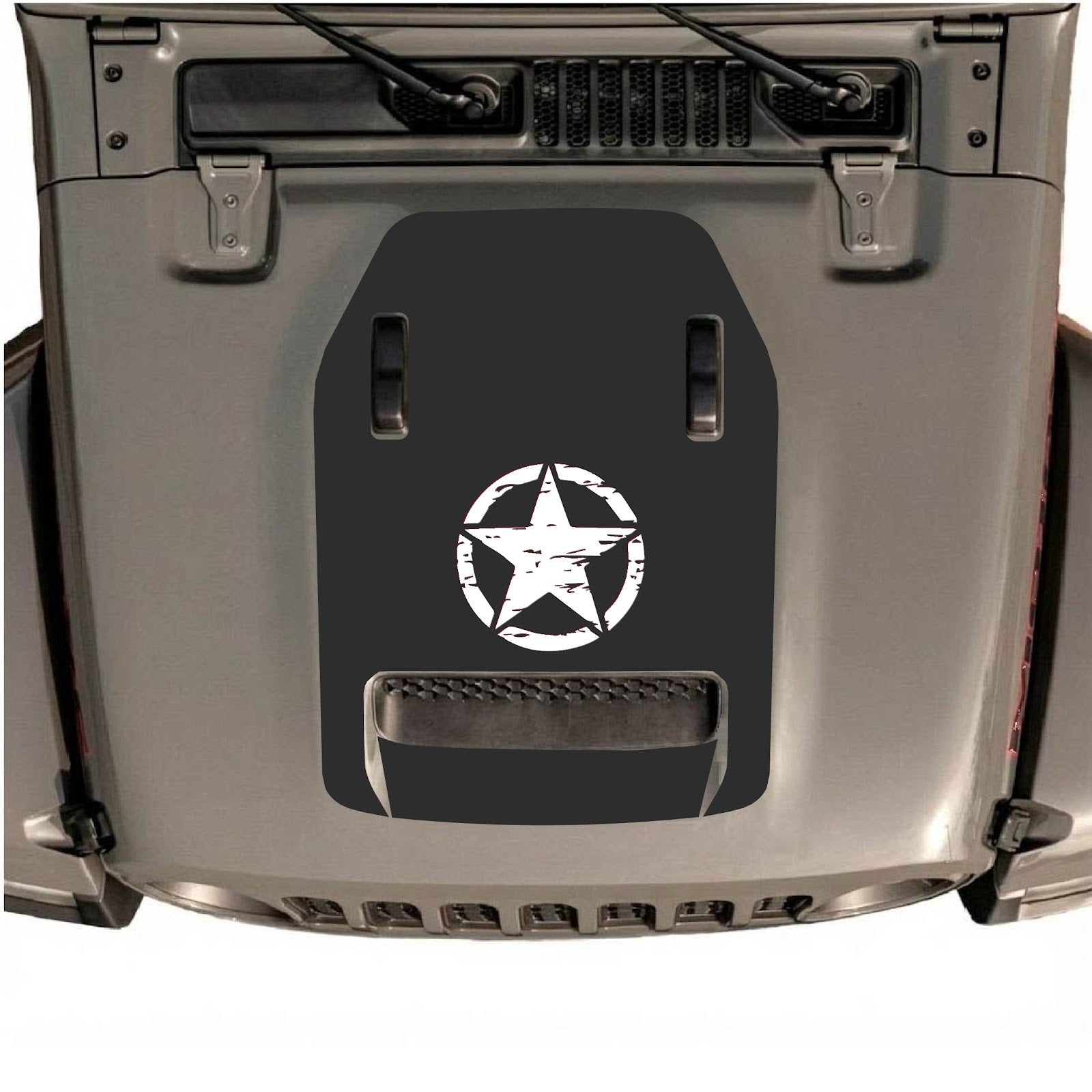 CarCode Jeep Wrangler JL/JLU Rubicon 392 and JT Gladiator Mojave hood decal, style #46, shown on vehicle hood in black with red accents.