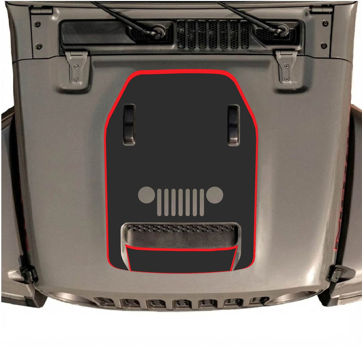 CarCode hood decal for Jeep Wrangler JL/JLU Rubicon 392 and JT Gladiator Mojave, style #93, with black and silver design on vehicle hood
