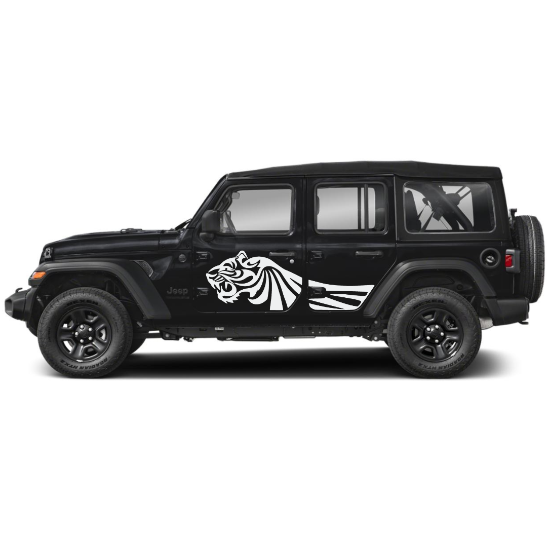 Trail Tiger Side Decal Kit – Cut Avery Vinyl (Black/Blue/Red/White) for Wrangler JL/JLU/JK/JKU/4xe & Gladiator JT – Pair, Pre-Masked
