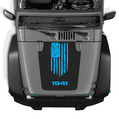 CarCode hood decal for Jeep Wrangler JK/JKU 2007-2018, style #04, black decal with Jeep logo on hood surface.