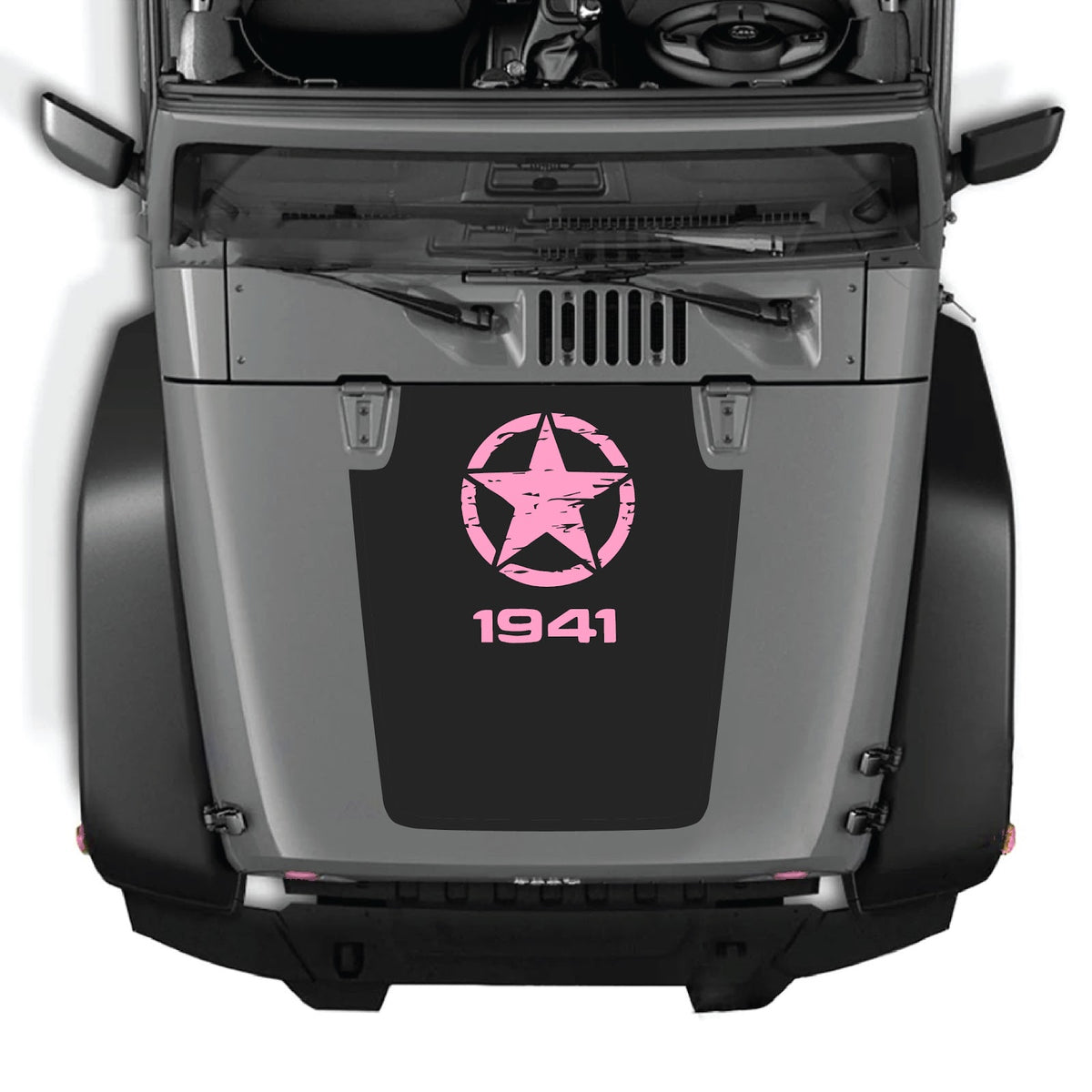 CarCode hood decal for Jeep Wrangler JK and JKU 2007-2018, style #46, shown on the vehicle's hood with bold graphic design.