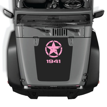 CarCode hood decal for Jeep Wrangler JK and JKU 2007-2018, style #46, shown on the vehicle's hood with bold graphic design.