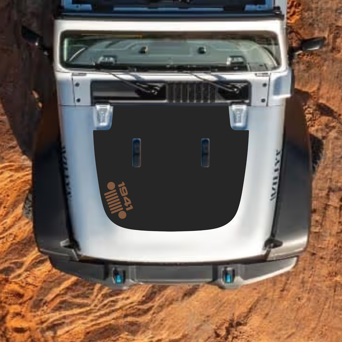 CarCode hood decal for Jeep Wrangler JL, JLU, Gladiator JT, standard hood 2018+ style, black graphic decal on hood.