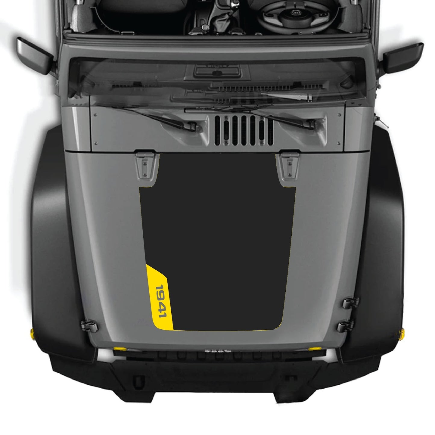 CarCode hood decal for Jeep Wrangler JK/JKU 2007-2018, style #85, showcasing black and white graphic design on vehicle's hood.