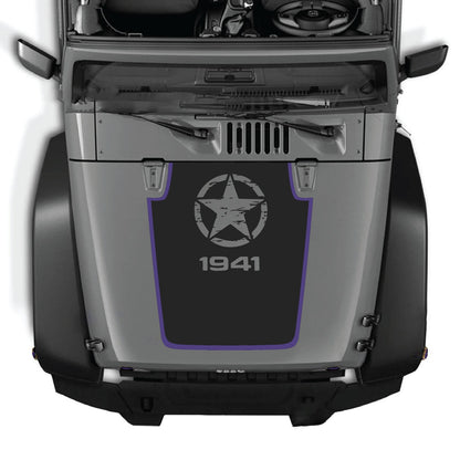 Jeep Wrangler JK/JKU hood decal in style #90 by CarCode, black graphic decal on vehicle hood for off-road style.