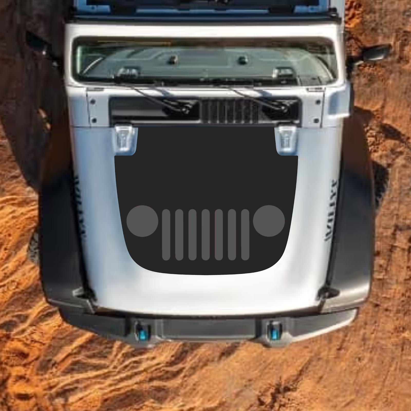 CarCode hood decal for Jeep Wrangler JL, JLU, Gladiator JT, style #32, black and white graphic on standard hood.