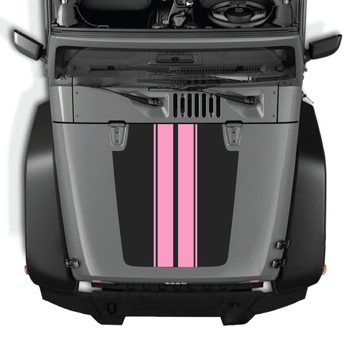 Jeep Wrangler JK/JKU hood decal by CarCode, style #43, in black with bold graphic design on silver background.