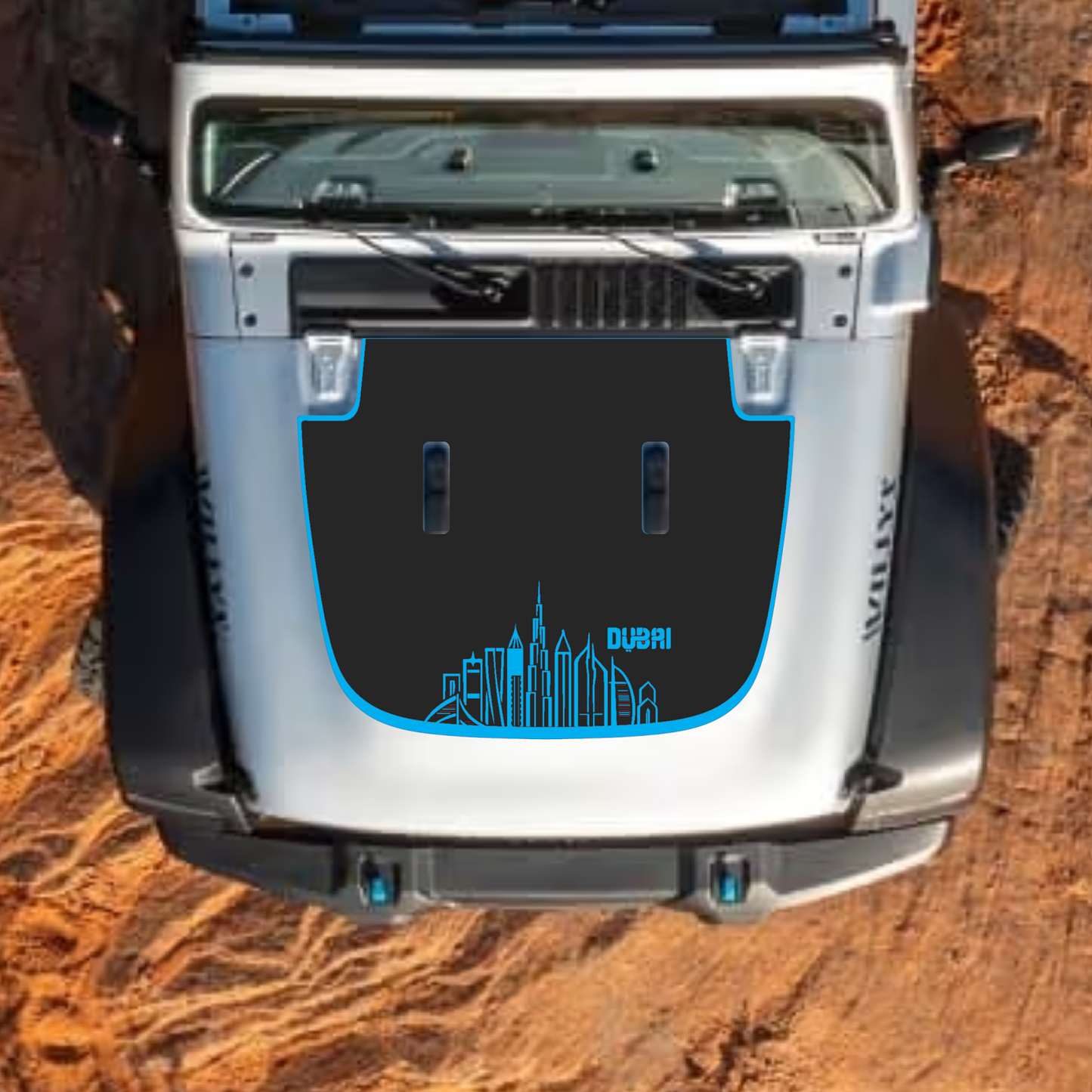 CarCode hood decal for Jeep Wrangler JL and Gladiator JT, stylish standard hood decal in style #28 on a 2018+ model.