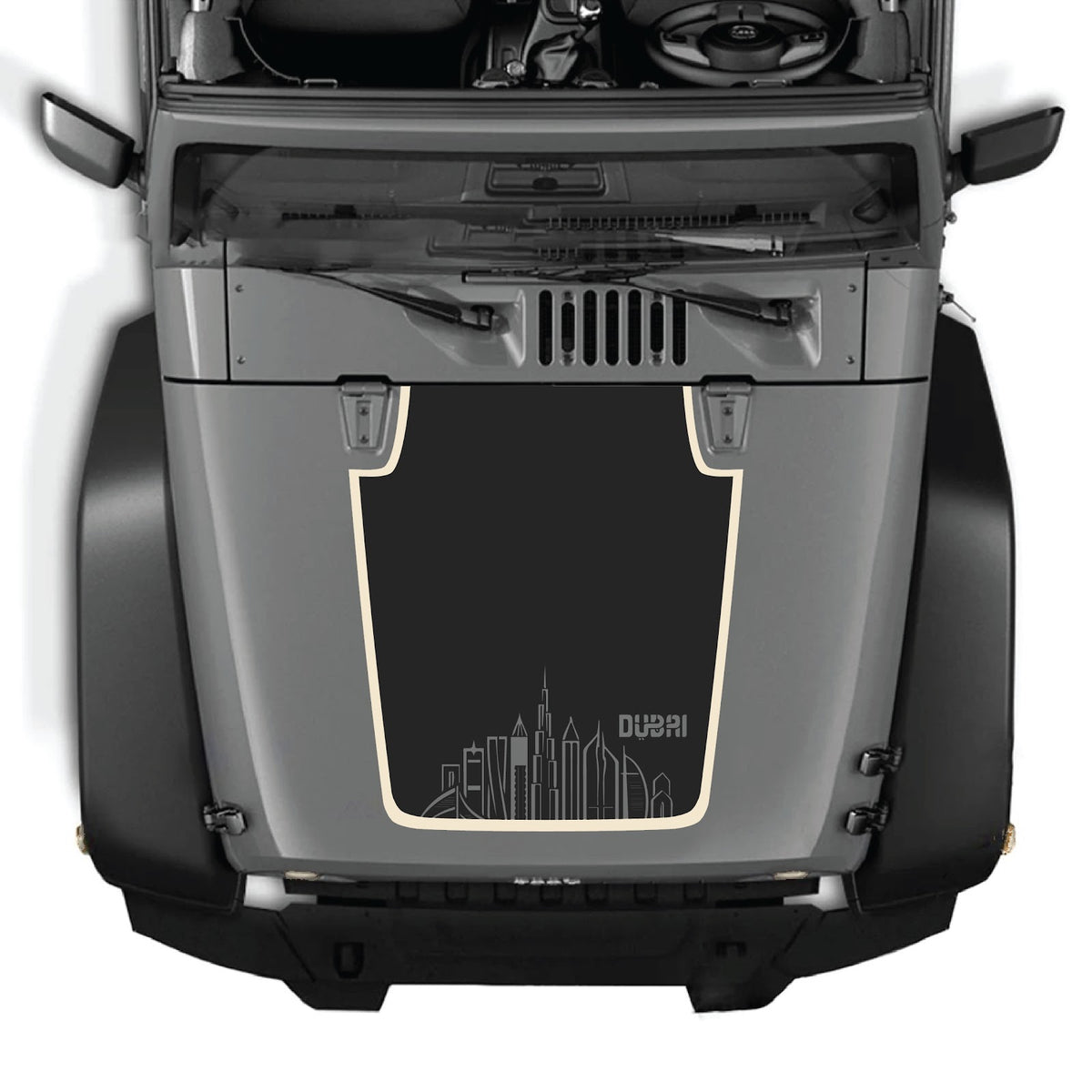 CarCode hood decal for Jeep Wrangler JK/JKU 2007-2018, style #77, shown on the vehicle's hood in black with graphic design.