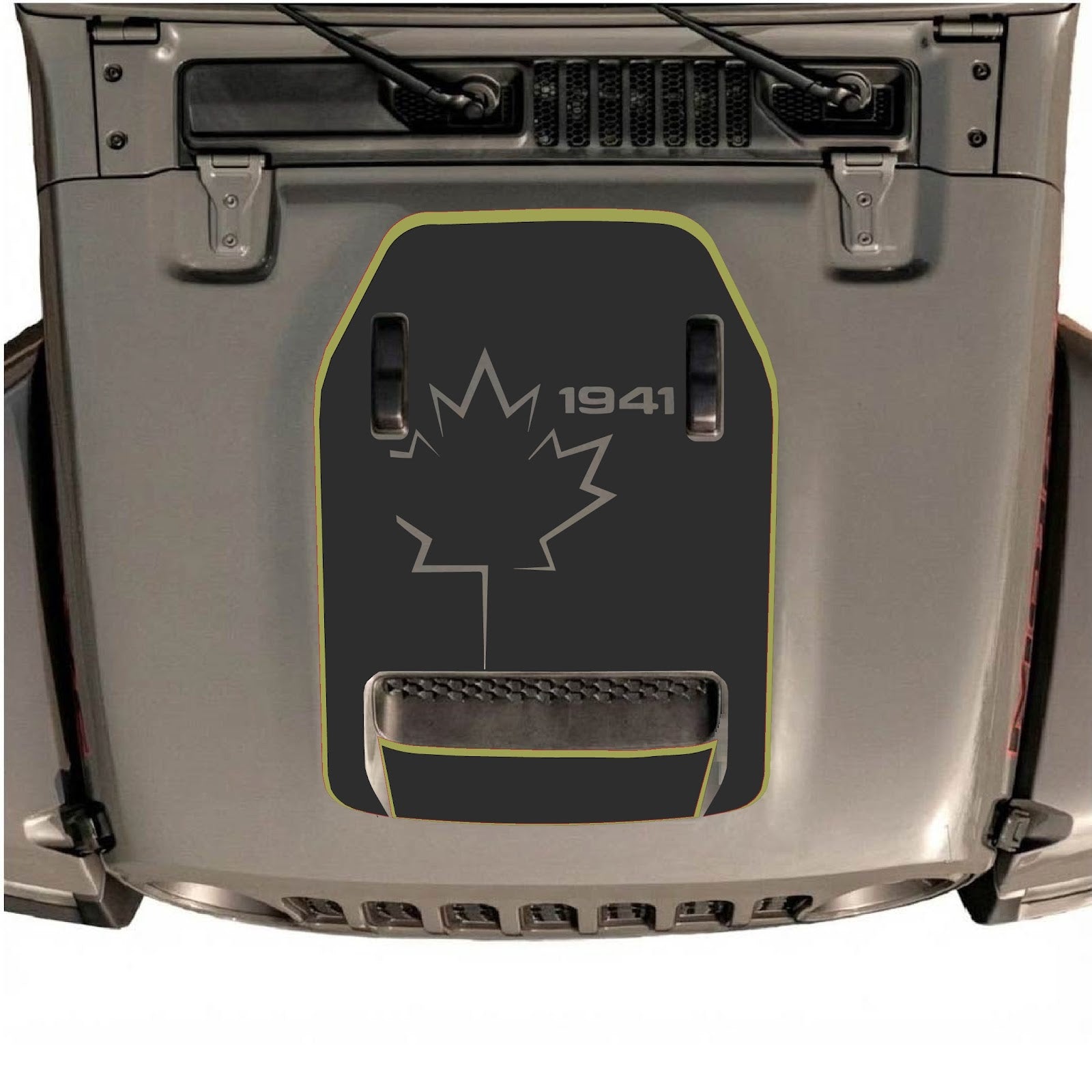 CarCode hood decal for Jeep Wrangler JL/JLU Rubicon 392 and JT Gladiator Mojave, style #79, black graphic on hood.
