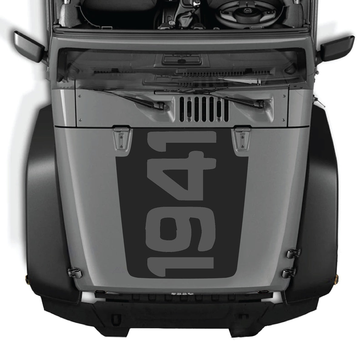Jeep Wrangler JK/JKU 2007-2018 hood decal by CarCode, style #48, featuring bold black graphic design on vehicle hood.