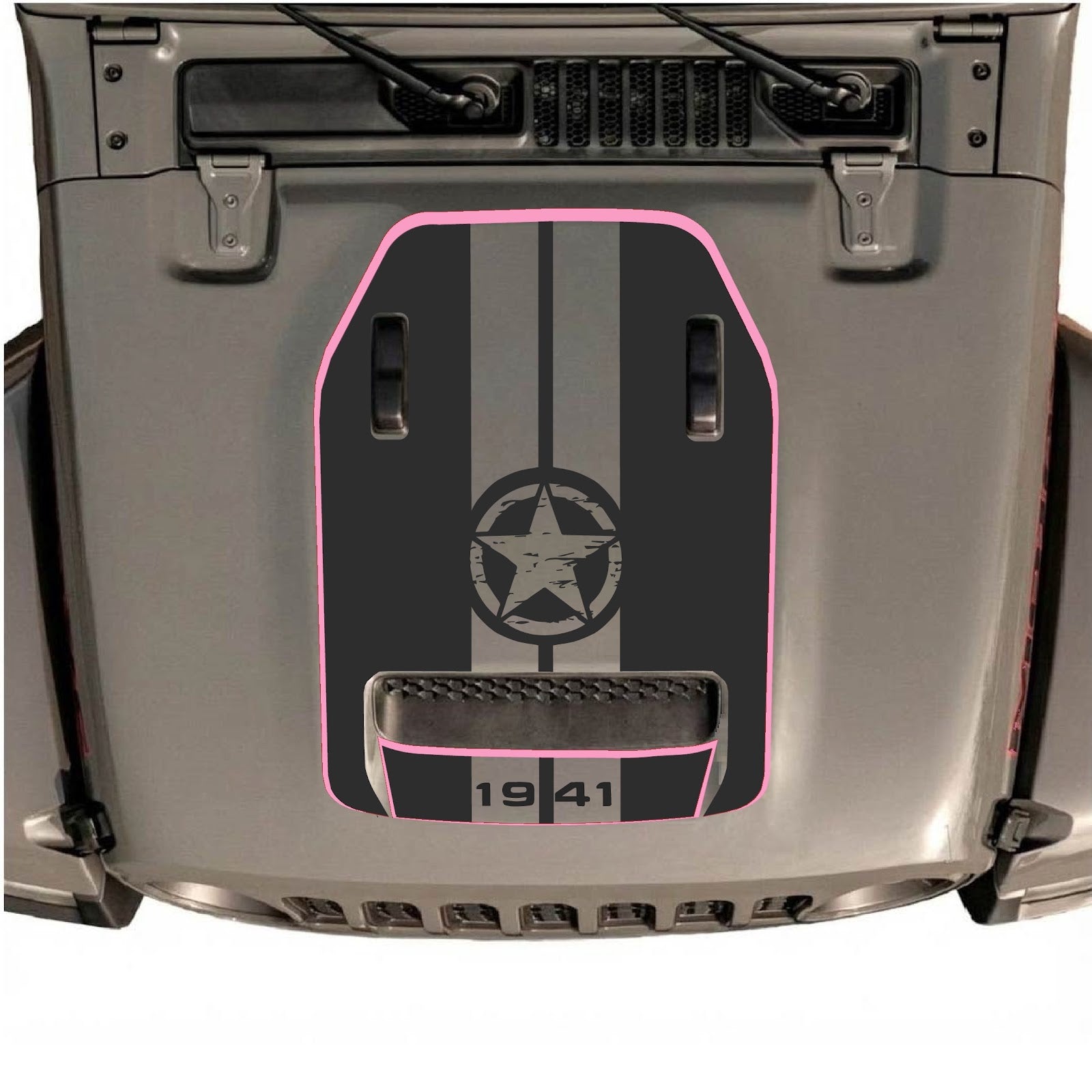 Jeep Wrangler JL/JLU Rubicon 392 and JT Gladiator Mojave hood decal by CarCode, style #70, black and gray graphic design.