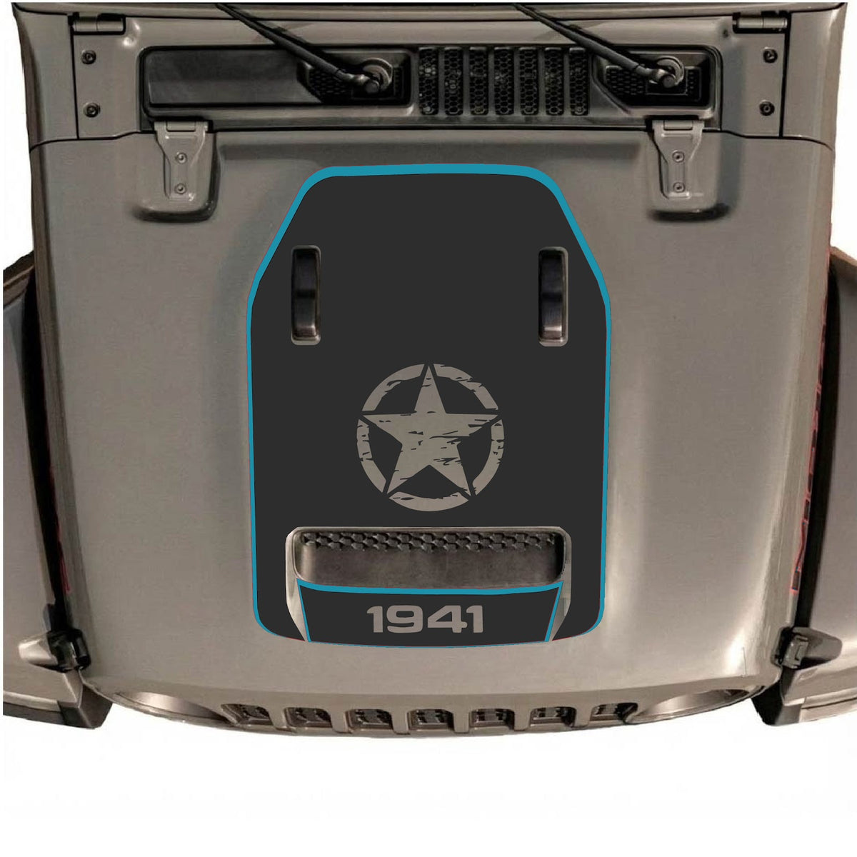 CarCode Jeep Wrangler JL/JLU Rubicon 392 and Gladiator Mojave hood decal in style #90, black and white graphic design on vehicle hood
