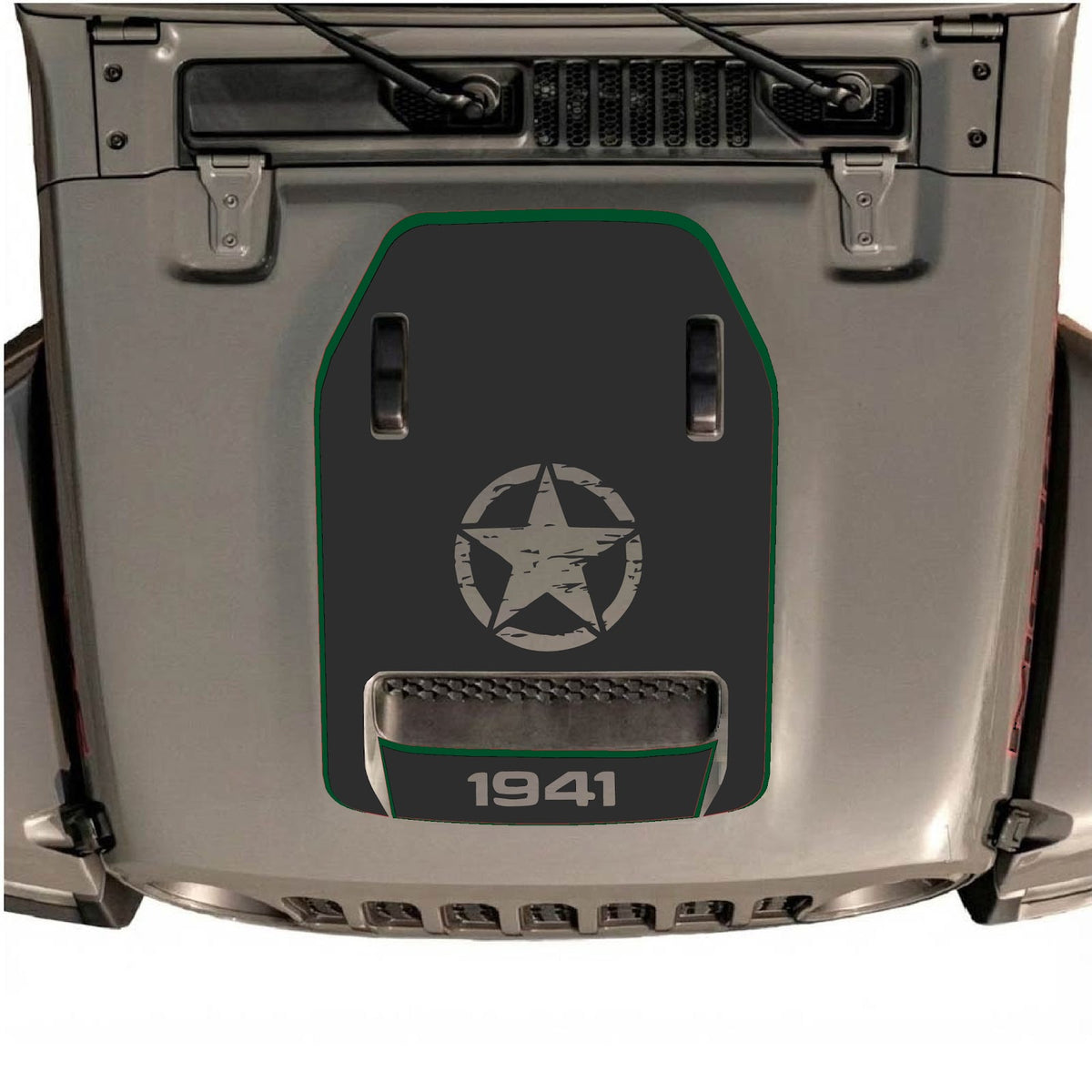 Jeep Wrangler JL Rubicon 392 hood decal in style #90, featuring bold black and red design on a black vehicle hood.