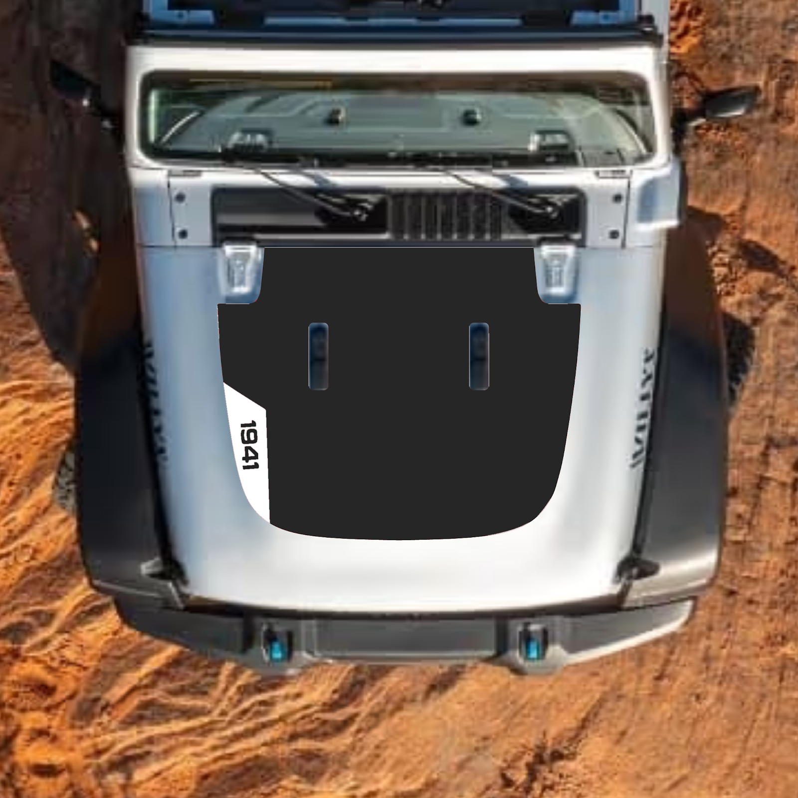 CarCode Jeep Wrangler JL and Gladiator JT hood decal in style #43, black graphic design on standard hood for 2018+ models.