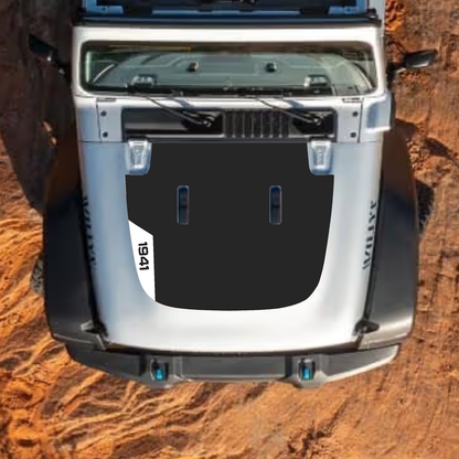 CarCode Jeep Wrangler JL and Gladiator JT hood decal in style #43, black graphic design on standard hood for 2018+ models.