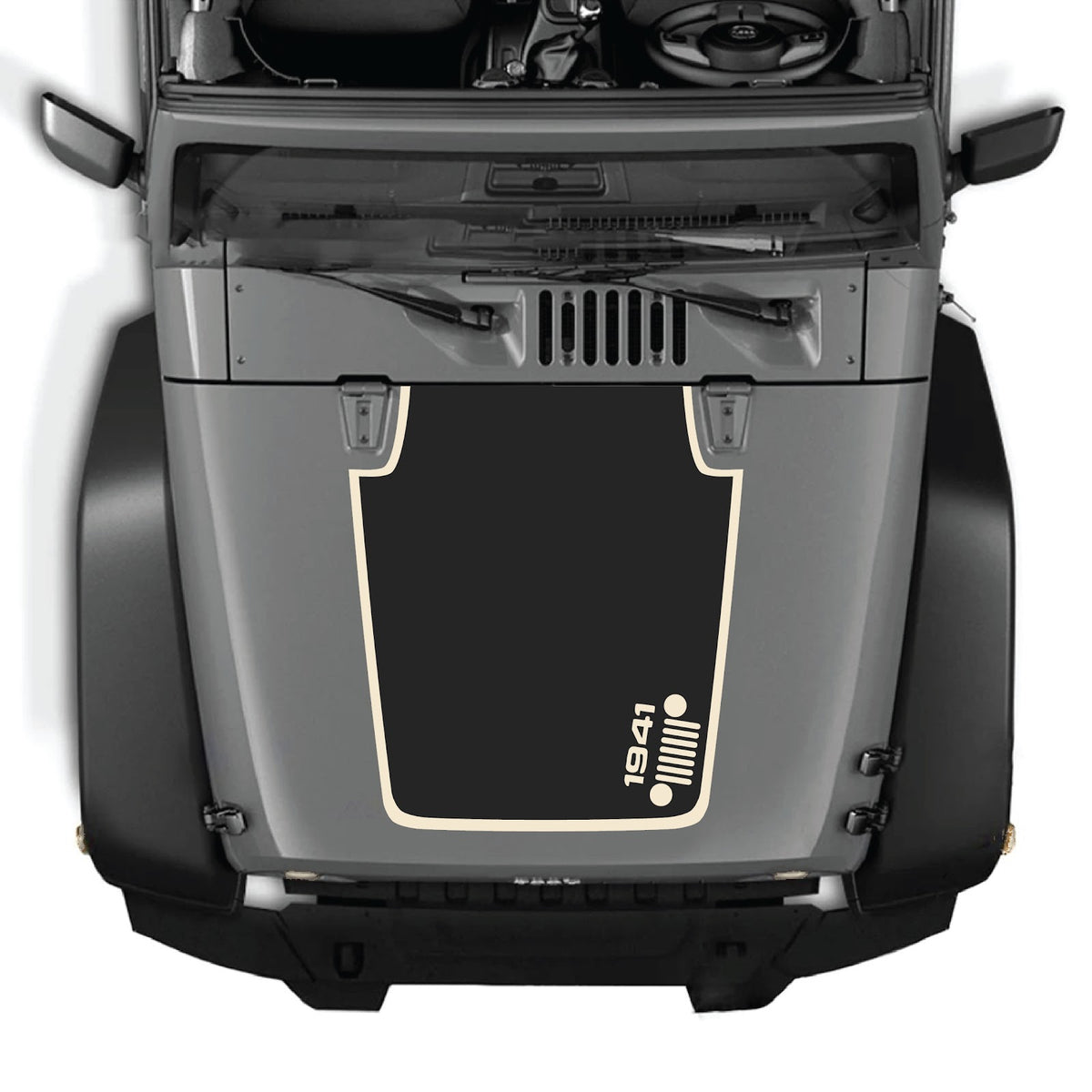CarCode hood decal for Jeep Wrangler JK/JKU 2007-2018, Style #59, black graphic design on vehicle hood.