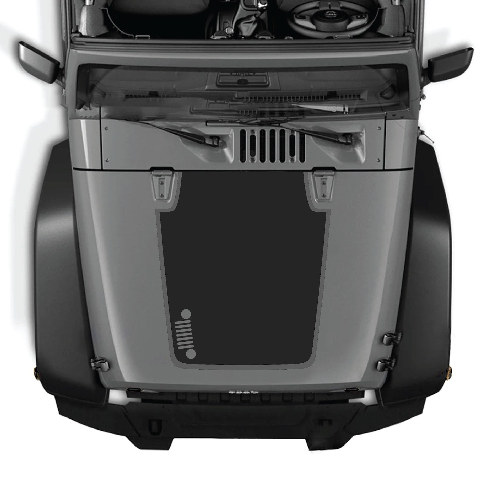 CarCode Jeep Wrangler JK/JKU hood decal, style #81, black and gray graphic design on the vehicle's hood for a custom look.