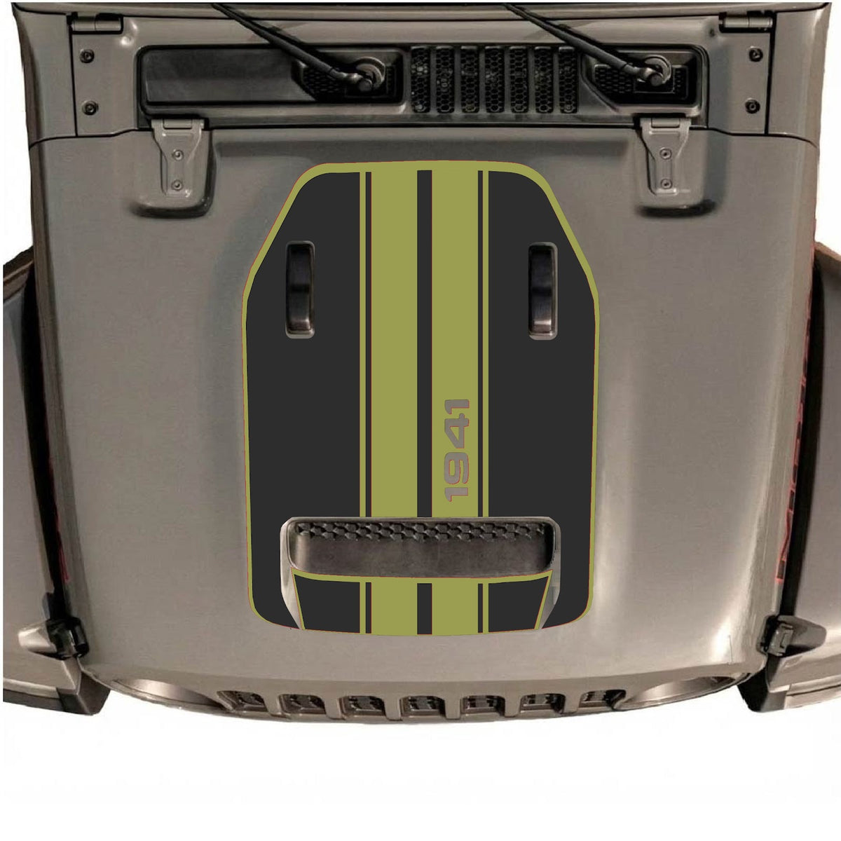 CarCode Jeep Wrangler JL/JLU Rubicon 392 and JT Gladiator Mojave hood decal in style #71 on vehicle hood, black graphic design.