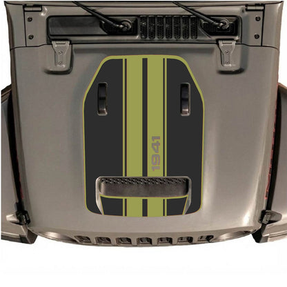 CarCode Jeep Wrangler JL/JLU Rubicon 392 and JT Gladiator Mojave hood decal in style #71 on vehicle hood, black graphic design.