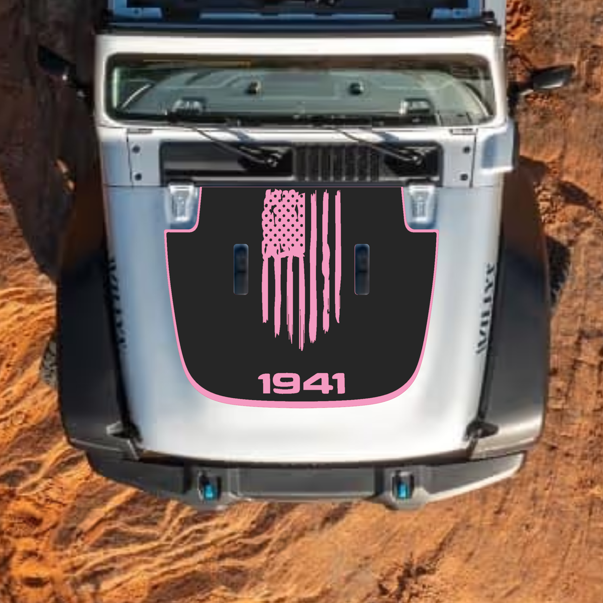 CarCode hood decal for Jeep Wrangler JL, JLU, Gladiator JT, standard hood, style #10, black and white graphic design.