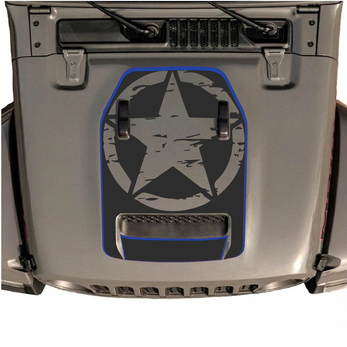 Jeep Wrangler JL/JLU Rubicon 392 and JT Gladiator Mojave hood decal in style #86, black graphic design on vehicle hood.