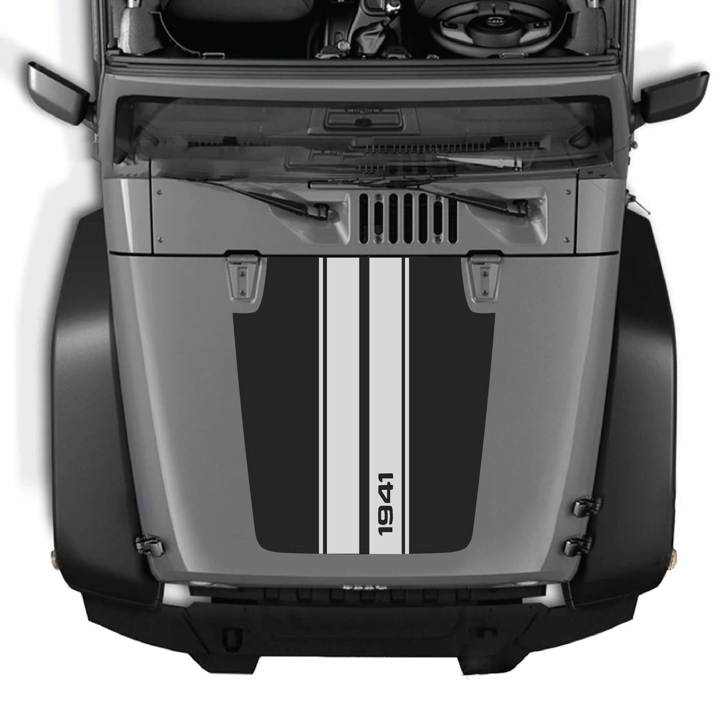 CarCode hood decal for Jeep Wrangler JK/JKU 2007-2018, Style #01, featuring black and silver design on vehicle's hood.