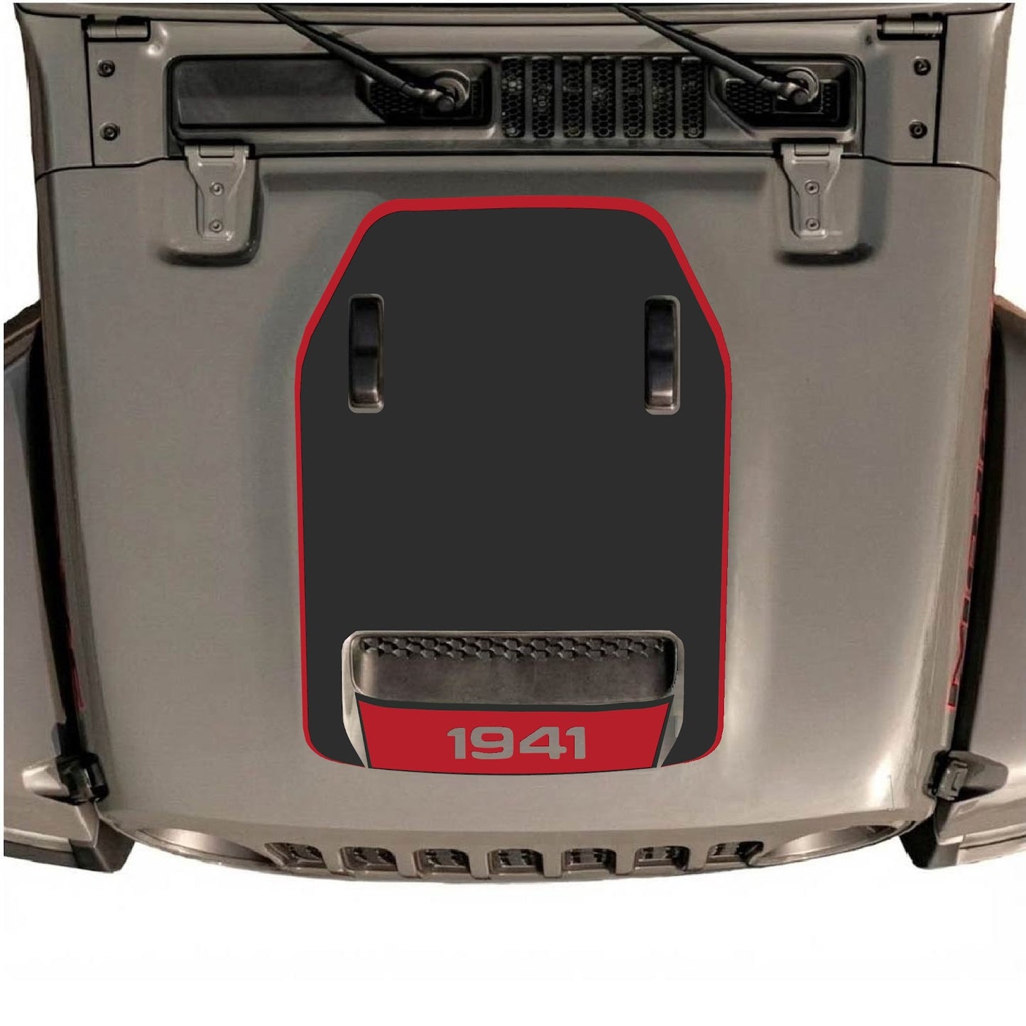 CarCode hood decal for Jeep Wrangler JL/JLU Rubicon 392 and JT Gladiator Mojave, stylish black graphic on vehicle hood.
